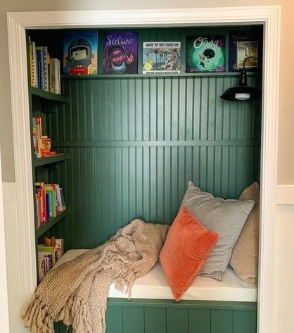 Knee Wall Reading Nook, Reading Nook Bench Diy, Recessed Reading Nook, Reading Nook In Cupboard, Closet Transformed Into A Book Nook, Reading Nook Cushion Bench Seat, Airing Cupboard Reading Nook, Closet Turned Book Nook, Closet Turned Library