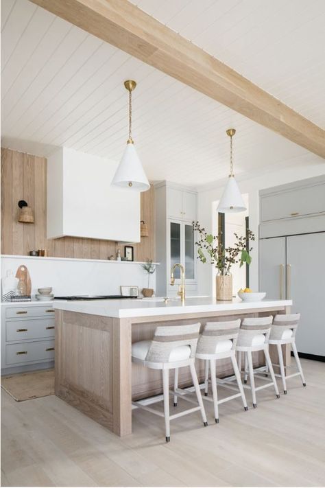 Kitchen Island Tops, Kate Marker Interiors, Light Gray Cabinets, Neutral Kitchen, Brown Kitchens, Kitchen Ceiling, Island With Seating, White Marble Countertops, Kitchen Views