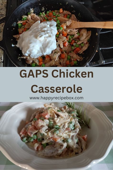 GAPS chicken casserole made on the stove top with leftover chicken, veggies, and sour cream. Fast and easy, while also GAPS compliant, gluten free, and grain free. Gaps Dinner Recipes, Gaps Casserole Recipes, Gaps Stage 1 Recipes, Gaps Breakfast, Gaps Intro, Gaps Diet Recipes, Creamy Chicken Casserole, Gaps Recipes, Scd Diet