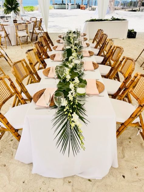 Tropical Table Runner Wedding, Palm Table Runner, Island Wedding Table Decor, Tropical Wedding Centerpieces Long Table, Tommy Bahama Party Theme Wedding Reception, Luau Rehearsal Dinner Ideas, Tropical Table Runner, Modern Tropical Wedding Table Settings, Polynesian Wedding Decorations