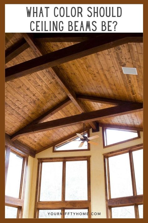 What Color Should Ceiling Beams Be Painted Wood Ceiling With Beams, Houses With Beams Ceilings, What Color To Paint Ceiling Beams, Painted Wood Beams On Ceiling, Rustic Beams Ceiling, Wood Ceiling With Beams, Faux Beams Vaulted Ceiling, Timber Frame Ceiling, Wood Beams On Ceiling