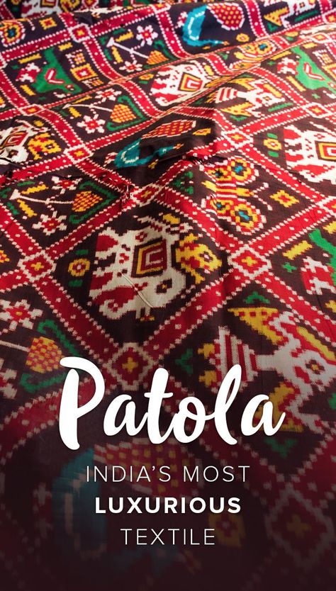 The Patola of Patan, a town in Gujarat state, India, are some of the most complex and luxurious fabrics in the world, thanks to their complex double ikat weaving technique. One sari takes at least 7 months to complete, and costs upwards of $2,000! Read on for a history of Patan Patola, and a look at one of the last families still weaving them in India today.: Ikat Weaving, Indian Culture And Tradition, India Textiles, Patola Sarees, Fashion Vocabulary, Indian Crafts, Indian Textiles, Indian Fabric, Ikat Print