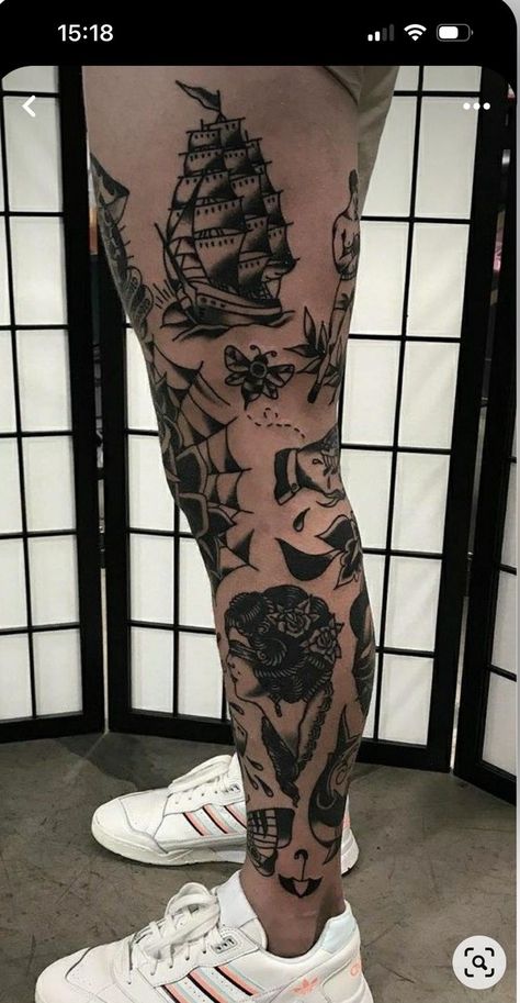 #tattoo #tattoos #inked #tattooart #tattooed #tattooideas #tattoodesign #tattooinspiration #tattoosleeve #tattooflash #inkedgirls #tattooedwomen  #InkLaughs  #TattooFails Small Ditch Tattoo, Black Traditional Tattoo Sleeve Filler, Old School Tattoo Leg Sleeve, Leg Tattoo Men Old School, Leg Traditional Tattoo, Old School Tattoo Leg, Traditional Leg Tattoo Men, Black Traditional Tattoo Sleeve, Knee Cap Tattoo Men