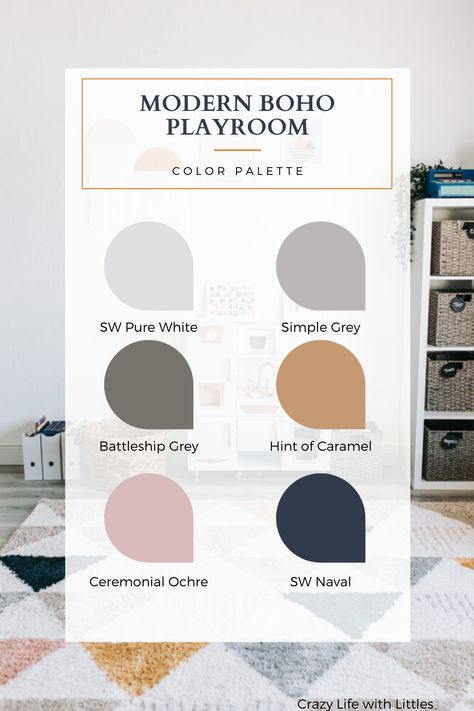 Earthy color vibes for a modern boho playroom. Navy, hint of caramel, woven jute, ceremonial ochre, battleship grey paint colors Boho Modern Paint Colors, Navy Blue Boho Bedroom Color Schemes, Boho Color Palette With Black, Boho Playroom Paint Colors, Boho Farmhouse Playroom, Navy Blue Playroom, Modern Boho Playroom, Basement Playroom Paint Colors, Boho Playroom Decor