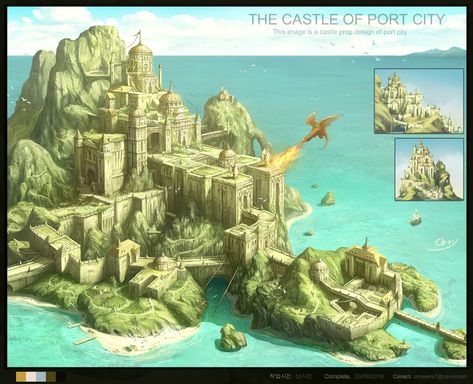 Fantasy Port City, Game Of Thrones Castles, Fantasy Environment, Castle Project, Painting School, Bangunan Minecraft, Castle Art, Port City, Forest Creatures