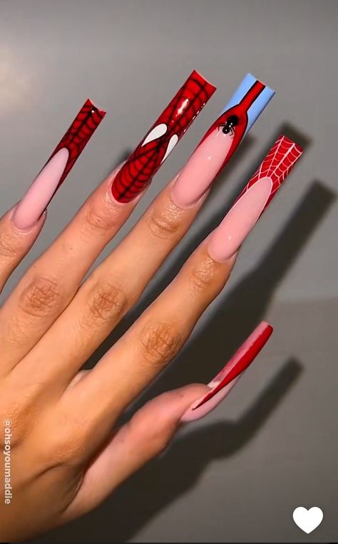 Spider Man Nails, Man Nails, Hand And Finger Tattoos, Drip Nails, Long Nail Designs, Stylish Nails Designs, Acrylic Nails Coffin Short, Pink Acrylic Nails, Acrylic Nails Coffin