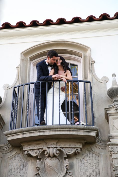 Romantic Balcony, Plum Color Palette, Balcony Wedding, Prenup Ideas, Fullerton California, Museum Photography, Stella York Wedding Dress, Vogue Wedding, Stella York