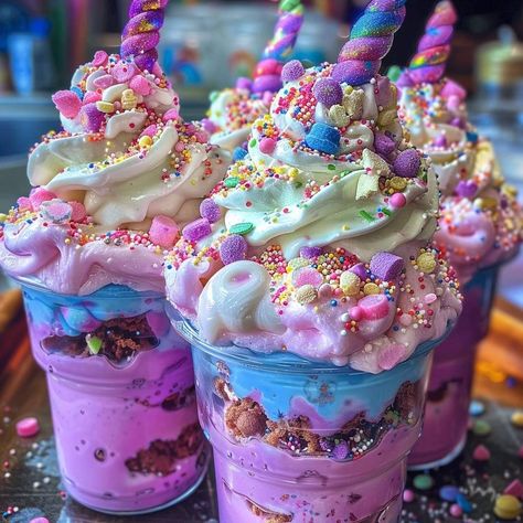 Unicorn Milkshake, Healthy Ice Cream Recipes, Iced Drinks Recipes, Colorful Desserts, Kawaii Dessert, Kawaii Cooking, Cute Baking, Healthy Ice Cream, Chocolate Mugs