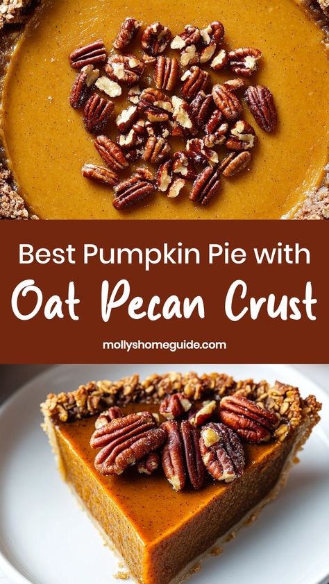 Indulge in the perfect fall treat with this delightful recipe for pumpkin pie with oat pecan crust. The creamy pumpkin filling pairs perfectly with the crunchy and nutty oat pecan crust, creating a harmonious combination of flavors and textures. Whether you're hosting a gathering or simply craving a seasonal dessert, this pumpkin pie is sure to impress your taste buds. Treat yourself to a slice of autumn goodness and savor the comforting essence of pumpkin spice in every bite. Pumpkin Pie With Nut Crust, Pecan Crust Pumpkin Pie, Pumpkin Pie Pecan Crust, Pumpkin Pie Homemade Crust, Pumpkin Pie With Cookie Crust, Spicy Pumpkin Pie Recipe, Nut Crust For Pie, Turtle Pumpkin Pie, Pumpkin Pie Crust Recipe