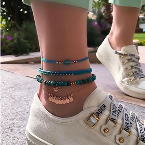 Bead Anklets, Ankle Bracelets Boho, Bohemia Style, Anklets Boho, Rope Braid, Tank Top Outfits, Rice Bead, Beaded Anklets, Jewelry Model