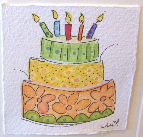 Birthday Card Flowers Drawing, Hand Drawn Birthday Cards Simple, Watercolour Birthday Cards Simple, Watercolor Birthday Cards For Kids, Birthday Cake Drawing Simple, Birthday Cards Watercolor, Watercolor Birthday Cake, Diy Watercolor Cards, Happy Birthday Cards Handmade