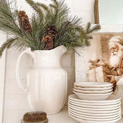 WHITE AND WOODSY | Shop Sales Events Antique Farmhouse Stoneware Pitcher, Pitcher Decor, Christmas Tree On Table, Home Lighting Design, Dining Room Buffet, Farmhouse Pendant Lighting, Metal Pendant Light, Gold Table, Small Containers