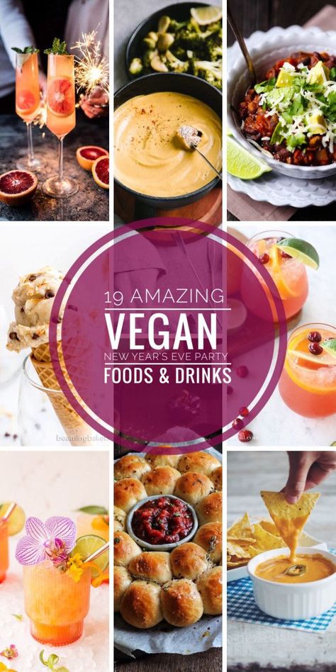 19 amazing VEGAN New Year's Eve Party Foods & Drinks #vegan #partyfood #newyear #cocktailrecipes www.inlovewithbliss.com Vegan New Years Recipes, Nye Party Food, New Years Eve Snacks, Mocktail Party, New Years Eve Party Ideas Food, New Years Eve Dessert, New Years Appetizers, New Year's Eve Appetizers, Healthy Bowl