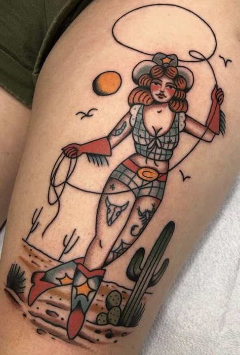 Trad Western Tattoo, Cowboy Pinup Tattoo, American Traditional Cowgirl Pinup, Trad Cowgirl Tattoo, Western American Traditional Tattoo Sleeve, Traditional Gunslinger Tattoo, Neo Traditional Cowgirl Tattoo, Traditional Cowgirl Pinup Tattoo, Horse American Traditional Tattoo