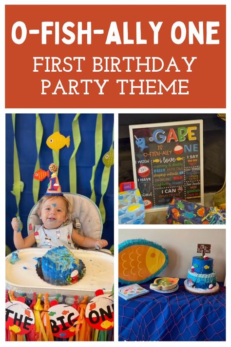 We threw an ofishally one first birthday for our son Gabe and it was SO fun to decorate for!  We knew we wanted a fish themed birthday party when trying to come up with creative first birthday theme ideas, and this was perfect.  See all of the ofishally one birthday decorations I used for his party here! Rainbow Fish Birthday Party, First Birthday Water Theme, First Birthday Party Ideas For Boys, Ofishally One Birthday Decorations, Summer First Birthday Theme, Fishing 1st Birthday Party, First Birthday Theme Ideas, Birthday Theme Ideas, Fishing Themed Birthday Party