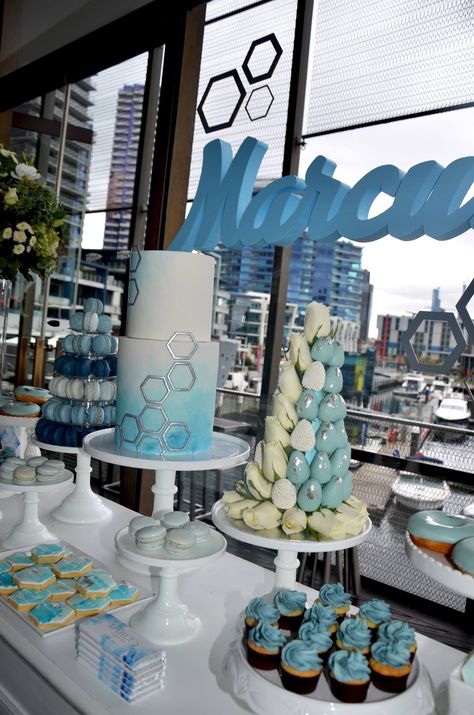 Blue Themed Dessert Table, Blue And Green Dessert Table, Teal Dessert Table, Blue And Silver Dessert Table, Light Blue Dessert Table Ideas, Turquoise Dessert Table, White And Blue Candy Bar, Elegant Cake Pops, Green Snacks