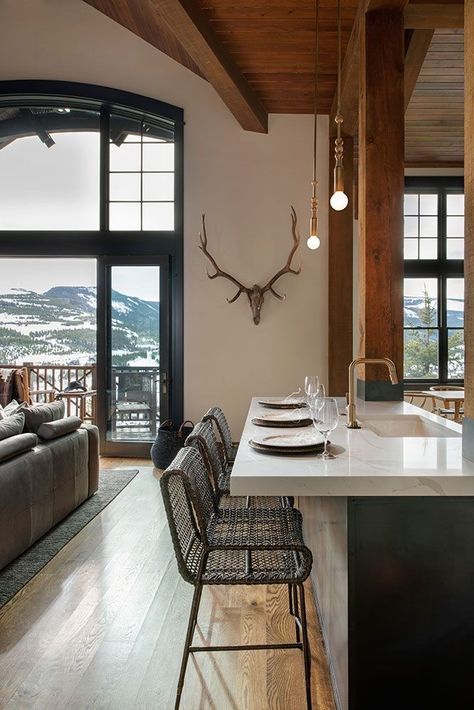 Art Deco Mountain Home, Modern Hunting Lodge Interior Design, River House Interior Design, Rocky Mountain Cabin Interior, Mountain Craftsman Interior Design, Alaska Homes Interior, Restoration Hardware Mountain Home, Cedar Interior Design, Montana Home Aesthetic