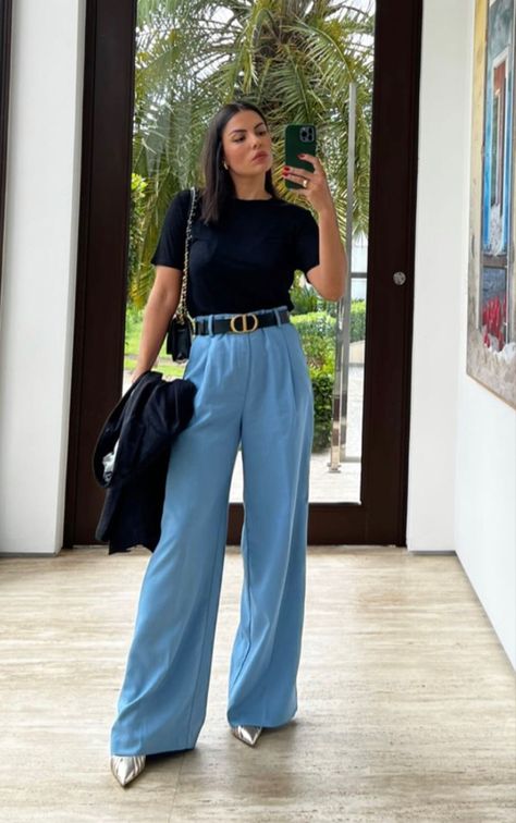 Light Blue Wide Leg Trousers Outfit, Light Blue Palazzo Pants Outfit, Powder Blue Trousers Outfit, Pale Blue Pants Outfit, How To Style Light Blue Pants, Light Blue Pants Work Outfit Women, Light Blue Work Pants Outfit, Dusty Blue Pants Outfit, Blue Silk Pants Outfit