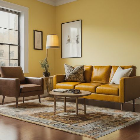 20 Yellow Living Room Ideas That Will Make Your Home Pop » Comfy Ideas Yellow Brown Living Room, Yellow And Brown Living Room, Mustard Sofa Living Room Ideas, Living Room Decor Yellow Walls, Yellow Living Room Walls, Yellow Sofa Living Room Ideas, Cottagecore Living Rooms, Yellow Couch Living Room Ideas, Yellow Living Rooms