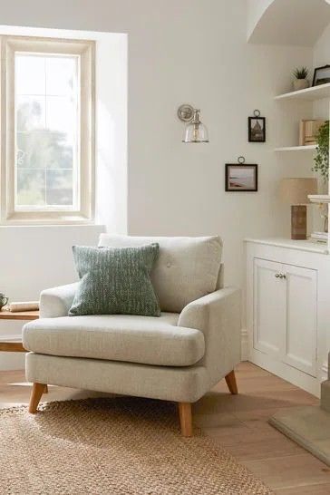 Small Couches Living Room, Cream Armchair, Small Couch, Small Chair, Sofa Upholstery, Arm Chairs Living Room, Couches Living Room, Wood Accents, Small Living Room