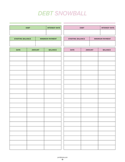 A debt snowball tracker printable with sections for tracking debt name, interest rate, starting balance, minimum payment, and columns for date, amount, and balance. Free Debt Tracker Printable, Snowball Method Pay Off Debt Printable, Free Printable Debt Payoff Tracker, Debt Snowball Worksheet Printable Free, Debt Payoff Printables Free, Debt Tracker Printable Free, Snowball Method Pay Off Debt, Printable Debt Payoff Tracker, Credit Card Debt Tracker