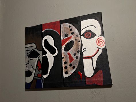 Horror, Scary Movies, Painting, Canvas Ghost Face Canvas Painting, Michael Myers Painting Easy, Split Canvas Painting, Horror Movie Paintings Canvas, Horror Movie Paintings, Ghostface Painting, Ghost Face Painting, Ghost Face Paint, Horror Painting