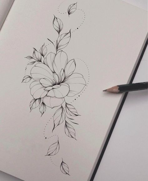 Hip Tattoos Women Design, Magnolia Tattoo Stencil, Fine Line Magnolia Tattoo, Fine Flower Tattoo, Fine Line Flower Tattoo Sleeve, Vertical Tattoos For Women, Tattoos Back Of Arm, Magnolia Tattoo Design, Tattoo Wreath