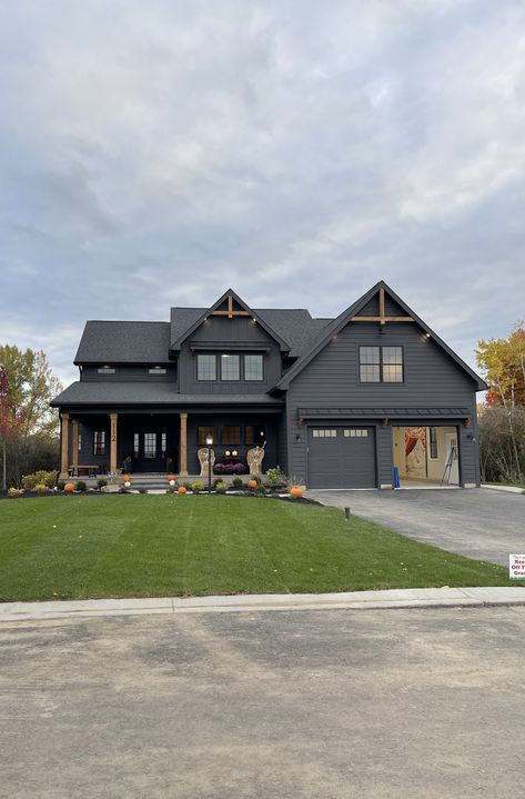 Black 2 Story House, Two Story Black House, Black And Grey Brick House, Dark Gray Siding With Black Trim, Dark Gray House Black Trim, Black Two Story House, Dark Gray Farmhouse Exterior, Dark Grey Farmhouse Exterior, New Build House Ideas Exterior