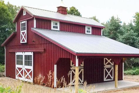 Red Metal Barn, Red Barn House, Barn Stalls, Chicken Barn, Amish Barns, Bank Barn, Barn Plan, Barn Shop, Barn Pictures