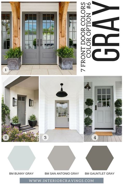 7 FRONT DOOR COLORS - gray front doors inspiration and gray paint codes and paint swatches Gray Front Doors, Gray Front Door Colors, Grey Front Door, Grey Front Doors, Best Front Door Colors, Front Door Color, Exterior Door Colors, Tan House, Cottage Front Doors