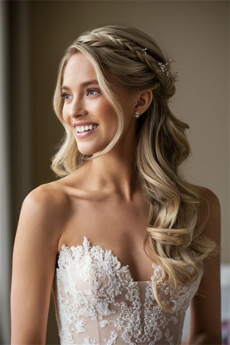 Embrace timeless elegance with this stunning half up half down hair hairstyle, ideal for the modern bride. This beautiful look combines soft waves with delicate twists, allowing your natural beauty to shine while keeping hair out of your face. Perfect for showcasing your veil or bridal accessories, this style exudes romance and grace. Capture magical moments on your special day with this enchanting hairdo! Bridal Hairstyles From Front View, Wedding Headpiece Half Up Half Down, Bridal Hair Half Down With Veil, Side Swept Hair With Veil, Bridal Hair Down Out Of Face, Wedding Half Up With Veil, Bridal Hair Vine With Veil, Bridal Waves Half Up Half Down, Modern Bridal Hair Half Up