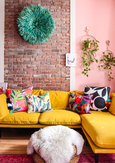 colorful throw pillows // missio throw pillow // Annie Selke throw pillows // opal house throw pillows // yellow sofa // bright throw pillows // exposed brick living room // pink living room // pink and yellow decor Colorful Couch, Yellow Couch, Yellow Sofa, Annie Selke, Yellow Room, Yellow Living Room, Pink Living Room, Living Room Inspo, Room Colors