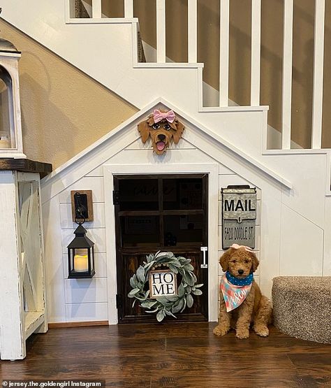 Under Stairs Dog House, Dog Nook, Luxury Dog House, Luxury Dog Kennels, Luminaria Diy, تحت الدرج, Dog Room Decor, Dog Bedroom, Puppy Room