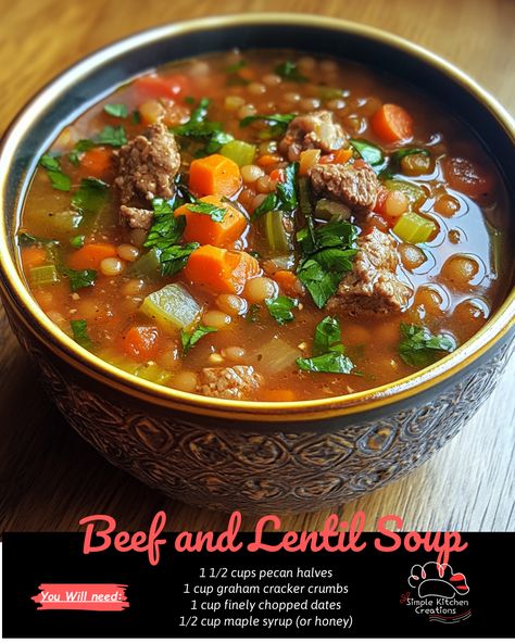 Indulge in the hearty and comforting flavors of beef and lentil soup. This savory dish is full of protein and fiber, perfect for a cozy night in or a nourishing meal. Try this recipe for a delicious and satisfying bowl of goodness. #soup #beef #lentils #comfortfood #recipeinspiration Lentil And Beef Soup, Beef Lentil Soup Recipe, Lentil Beef Soup, Beef And Lentil Stew, Beef And Lentil Soup, Beef Lentil Soup, Beef And Lentil, Garlic Meatballs, Soup Beef