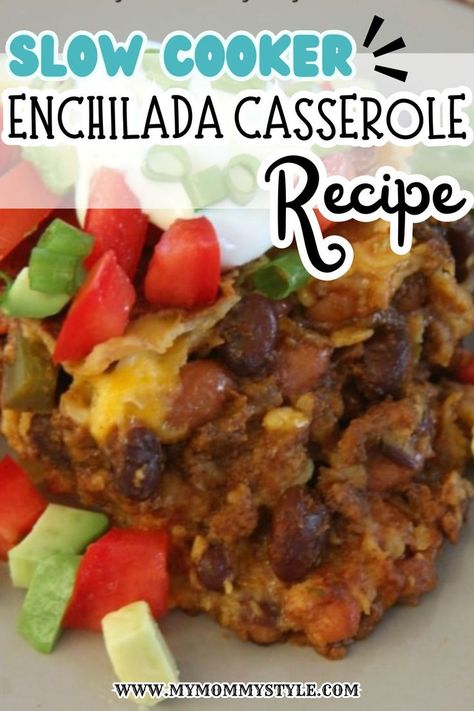 Make dinner a breeze with this easy slow cooker enchilada casserole recipe. Packed with layers of enchilada goodness, including seasoned meat, beans, and cheese, this dish simmers to perfection in your crock pot. Ideal for busy weeknights or family gatherings, it delivers a flavorful and satisfying meal with minimal prep and cleanup. Enchilada Casserole In Crockpot, Beef Enchilada Casserole Crockpot, Slow Cook Enchiladas Crock Pot, Slow Cooker Beef Enchilada Casserole, Crockpot Layered Enchiladas, Slow Cooker Enchilada Casserole, Enchiladas Casserole, Crockpot Apple Crisp, Crock Pot Baked Potatoes