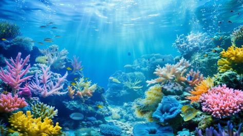 A serene underwater ocean wallpaper with colorful coral reefs. Ocean Background Underwater, Coral Reef Wallpaper, Creature Painting, 2000s Background, Ocean Creatures Art, Ocean Collage, Under The Sea Background, Underwater Landscape, Underwater Wallpaper