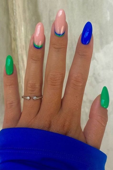 Colourful Nail Art, Blue Green Nails, Colourful Nail, Blue Wedding Nails, Cobalt Blue Nails, Lime Green Nails, Fall Blue, Purple Nail Art, Green Nail Art