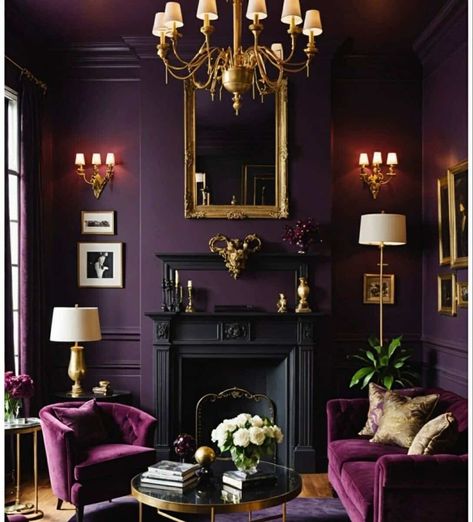 Purple Gothic Living Room, Purple House Interior Ideas, Dark Purple Walls, Plum Wall, Gothic Living Room, Electric Fireplace Living Room, Purple Office, Purple Gothic, Black Office