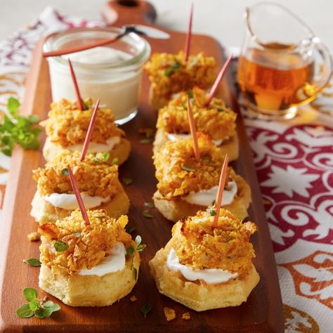 Mini Chicken And Waffles, Waffle Chicken, Big Game Appetizers, Daisy Sour Cream, Daisy Brand, Gluten Free Puff Pastry, Yummy Bites, Fluffy Waffles, Wakey Wakey