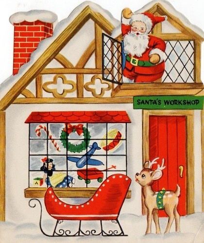 Santa's Workshop Illustration, Workshop Illustration, Christmas Stage Design, Xmas Images, Xmas Art, School Decoration, Fabric Blocks, Santa Cards, Christmas Ephemera