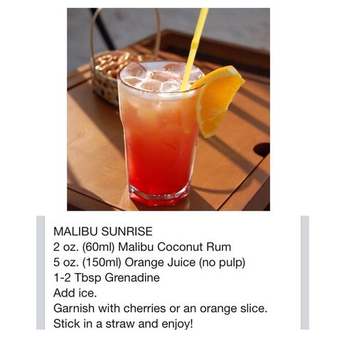 Malibu Sunrise Cocktail, Malibu Sunrise Recipe, Bacon Pork Chops, Sunrise Drink, Malibu Sunrise, Paradise Cocktail, Malibu Cocktails, Bartending Tips, Sunrise Cocktail