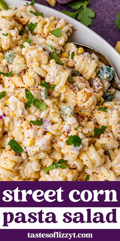 This Mexican Street Corn Pasta Salad is loaded with roasted corn, cotija and cheddar, creamy dressing and jalapeños for a kick of heat. Creamy Street Corn Pasta Salad, Roasted Corn Pasta Salad, Mexican Street Corn Salad Pasta, Pasta Salad Recipes Mexican, Mexican Corn Pasta Salad, Potluck Dishes Cold, Pool Day Food, Camping Side Dishes, Corn Summer Salad