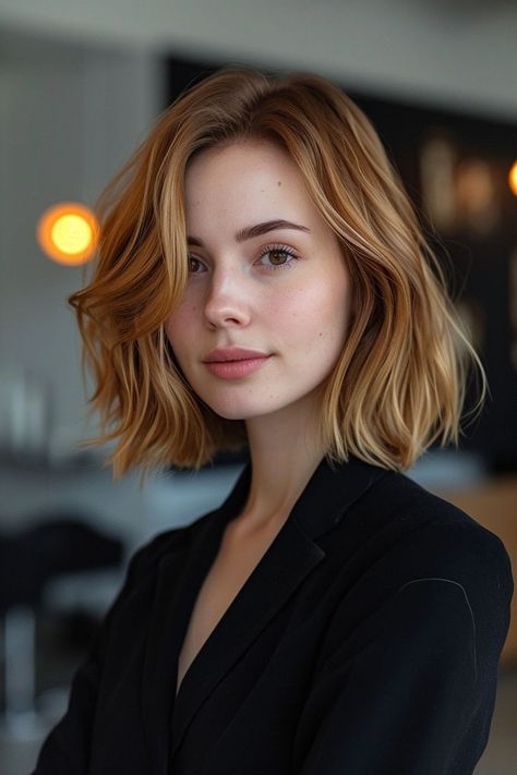 Glossy Strawberry Blonde Bob Strawberry Blonde Bob, Light Red Hair, Light Strawberry Blonde, Strawberry Blonde Hair Color, Short Red Hair, Short Hair Trends, Strawberry Blonde Hair, Haircut Inspiration, Short Hair Balayage