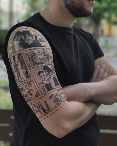 Both Arms Tattoo Sleeve, Manga Pannel Tattoos, Manga Page Tattoo, Anime Panels Tattoo, Anime Manga Tattoo Panels, Best Anime Tattoos, Manga Panel Tattoo Sleeve, Comic Book Tattoo Ideas, Manga Panel Tattoo Ideas