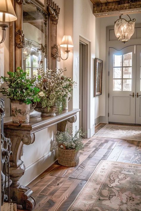 Charming French Country Entryway Inspirations French Foyer Design, French Provential Home Interior, French Archway, French Country Floors, French Home Aesthetic, French Country Entryway Ideas, French Farmhouse Interior, French Country Foyer, Entryway Inspirations