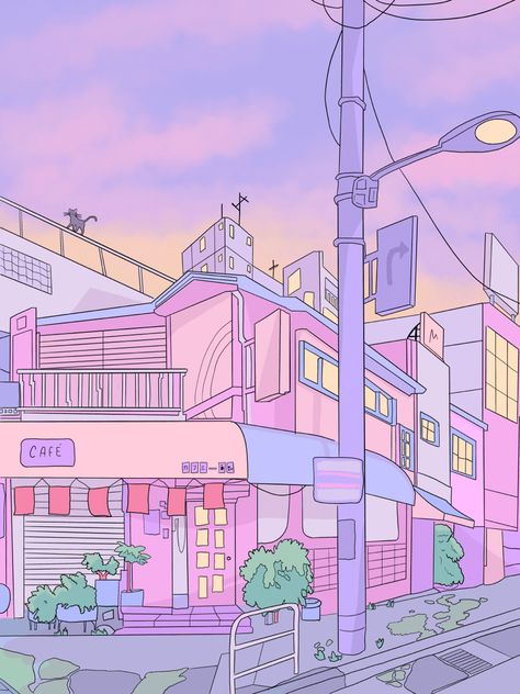 My morning walk to my favorite café. Pastel Wall Prints Aesthetic, Anime Coffee Shop Aesthetic, Poster Purple Aesthetic, Anime Pastel Aesthetic, Lofi Coffee Shop, Pastel Coffee Shop, Purple Aesthetic Room Decor, Purple Aesthetic Room, Coffee Shop Wall Art