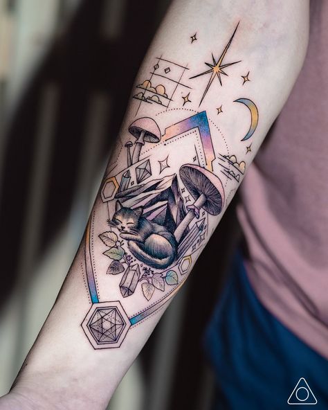 Fine line geometric tattoo featuring a resting cat, psychedelic mushrooms, crystals, pole star, crescent moon, and colorful clouds, with sacred geometry and cosmic details. Line Geometric Tattoo, Fine Line Geometric Tattoo, Dreams Tattoo, Cosmic Tattoo, Cosmic Cat, Full Sleeves Design, Celestial Elements, Futuristic Aesthetic, Dream's Cat