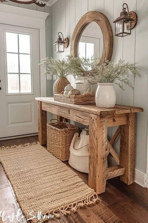 Farm Style Decorating Ideas, The Shabby Home, Entryway Ideas Aesthetic, Square Entryway Ideas, Front Table Entryway, Living Room Entryway No Foyer, Entry Way Table Ideas, Boho House Ideas, Rustic Decorating Ideas