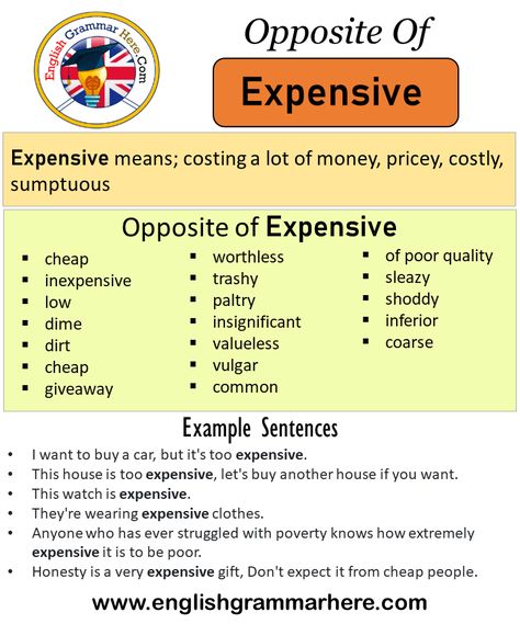 Opposite Of Expensive, Antonyms of Expensive, Meaning and Example Sentences Antonym opposite words contradict each other and meet opposite meanings. A word has synonyms as well as antonyms. When we learn a language, when we learn a word in that language, it will be very useful for us to learn both the opposite and the synonyms of this word. Because learning a word with its synonyms increases our competence in that language as well as our competence in speaking and writing. Learning a word with Expensive Synonyms, Esl Exercises, Thesaurus Words, Education Notes, Opposite Words List, Word Association, Better English, Learn A Language, Opposite Words