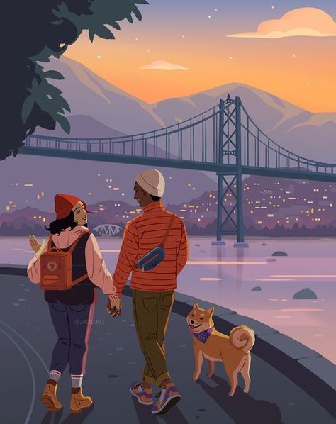 Walking The Dog Illustration, Patagonia Ad, Jackets Cute, Park Sunset, Being Outdoors, Stanley Park, Couples Walking, Family Drawing, Lifestyle Illustration